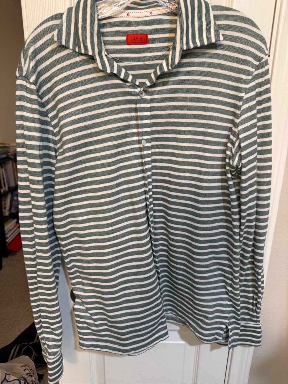 ISAIA Napoli Italy Green White Striped Long Sleeve Cotton Polo Shirt men’s med
